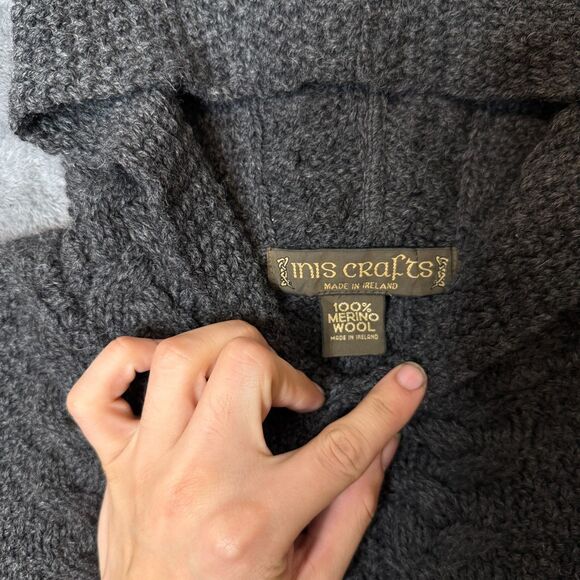 Inis Crafts Ireland Merino Wool Hoodie Long Sleeve Cable Knit Sweater Size M - Picture 2 of 7